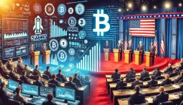 A split image showing a crypto trading platform on one side and a political debate stage on the other