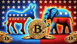 A split screen showing the Democratic donkey and Republican elephant logos, with Bitcoin symbols bridging the divide between them