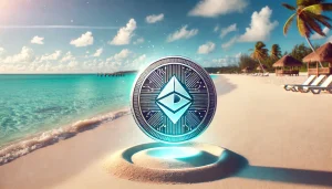 Bahamian beach with a digital coin emblem floating over the sand