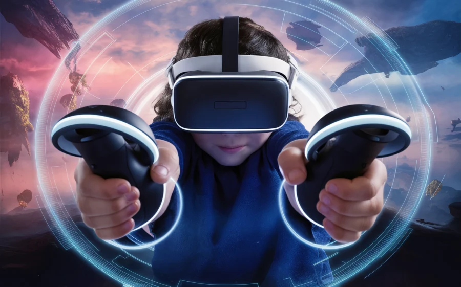 A captivating, cinematic shot of a child immersed in a virtual reality experience, with a sleek VR headset resting comfortably on their head. The child's body is out of view, and the focus is solely on their hands holding the VR controllers. The controllers have glowing buttons and are surrounded by a futuristic, holographic interface. The background reveals a fantastical, otherworldly landscape with floating islands and a vibrant, colorful sky., cinematic.
