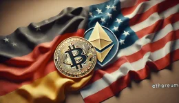German and US flags intertwined with Bitcoin and Ethereum symbols