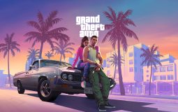 Promotional image of GTA 6. A women sits on a car bonnet wrapped around a man in a 1980s Miami aesthetic