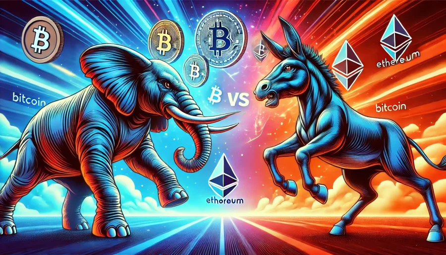 A stylized elephant and donkey facing off, with cryptocurrency symbols floating between them