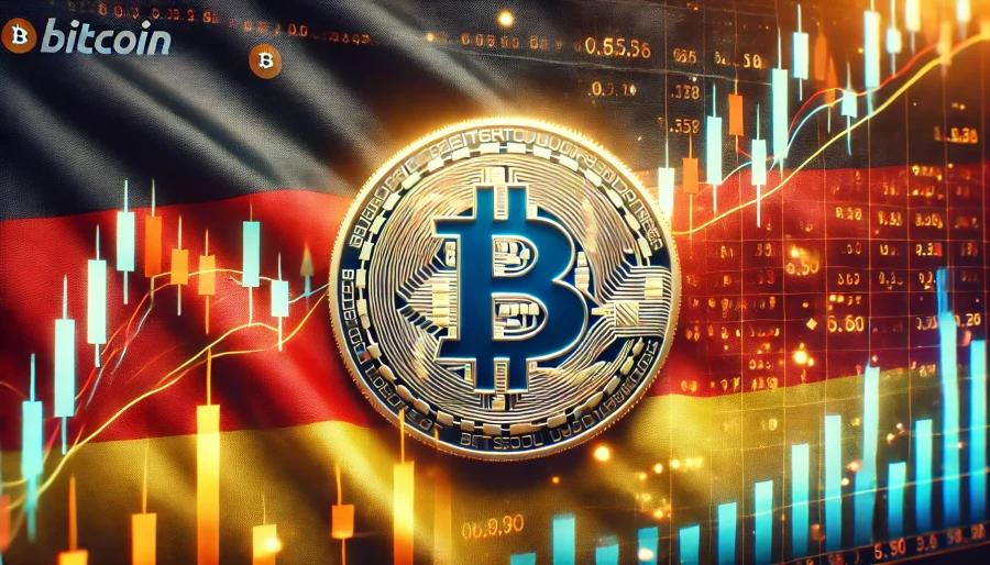 German flag with Bitcoin logo overlay, stock market graph in background