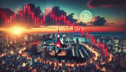A dramatic graph showing Bitcoin's price plummeting, with red candlesticks against a backdrop of Tokyo's skyline at dawn