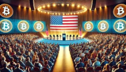 A large conference hall filled with enthusiastic attendees, Bitcoin logos prominently displayed, and a podium with an American flag