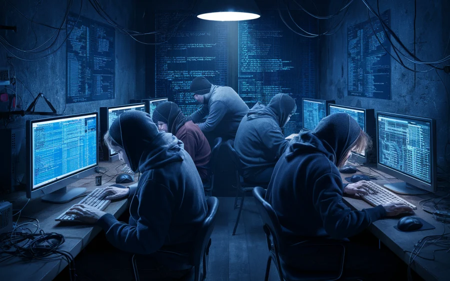 Group of hackers huddled over computers. AI generated.