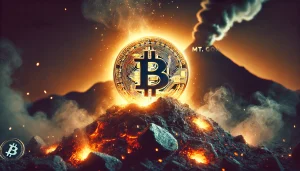 Bitcoin logo rising from ashes, Mt. Gox silhouette in background