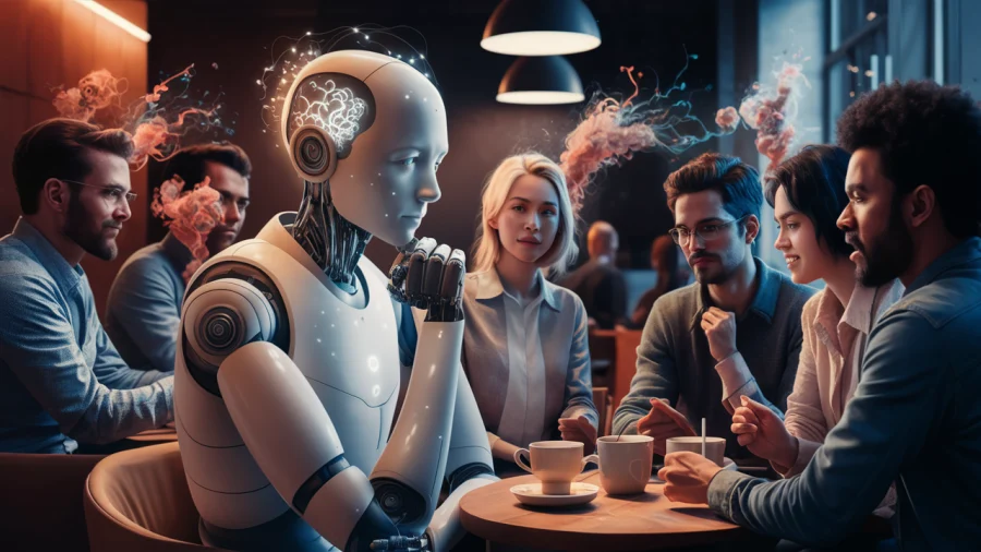 An image depicting a humanoid robot with a thoughtful and contemplative expression, sitting among a group of diverse humans engaged in a deep discussion.