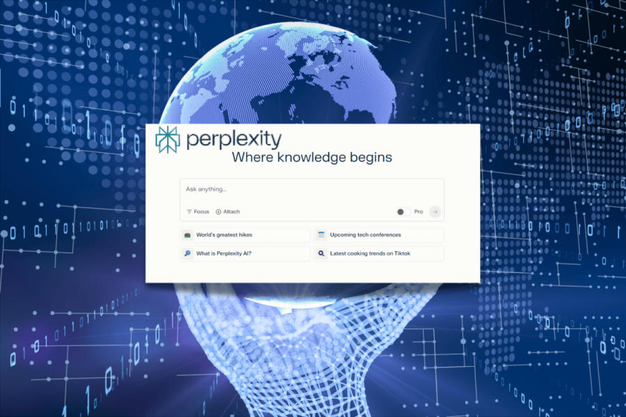 Amazon probes Perplexity AI for alleged content scraping. The image displays a digital interface for "Perplexity AI," an artificial intelligence search engine, styled with the tagline "Where knowledge begins." The search bar is prominently featured at the center with example queries like "World's greatest hikes" and "What is Perplexity AI?" The background showcases a high-tech theme with a digital globe and a network of binary codes and connections, emphasizing a global and interconnected digital environment.