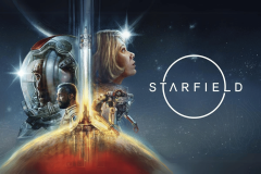 Bethesda's Starborn trademark hints at new Starfield DLC. Promotional artwork for the video game "Starfield," featuring a split image with a male astronaut's helmet on the left and a female astronaut looking upwards on the right, against a cosmic backdrop with a bright vertical beam and the game's logo in white.
