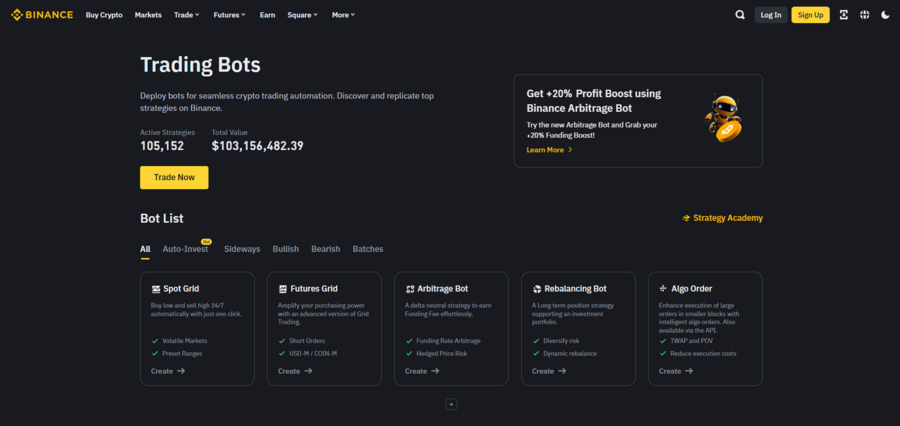 Binance trading bots page where you’ll find its own bots and the bot marketplace