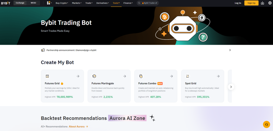 An overview of Bybit’s trading bots, with the page allowing access to a broader bot marketplace