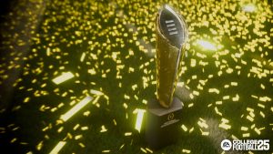The College Football Playoff National Championship Trophy surrounded by glittering gold confetti