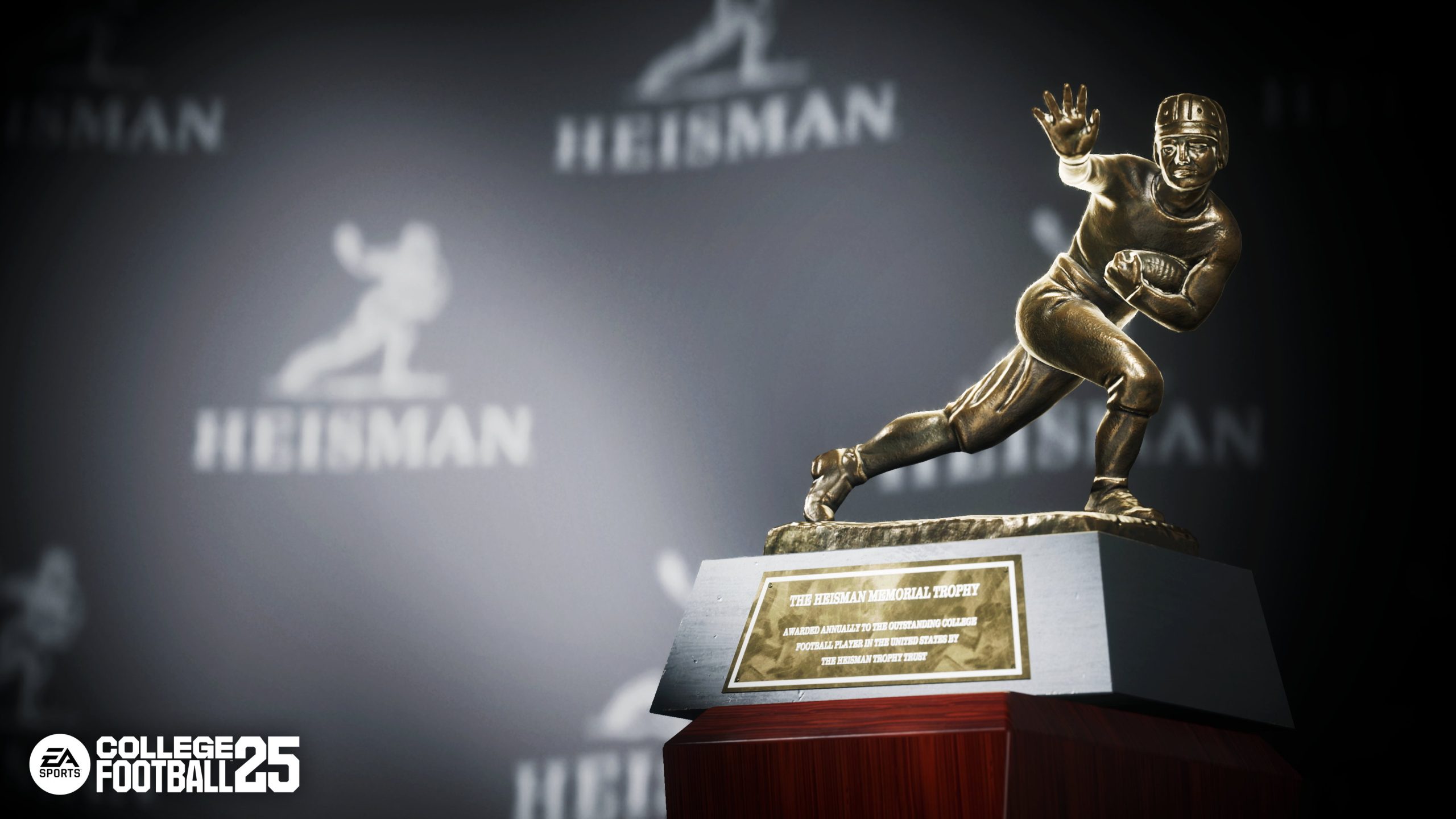 The Heisman Trophy in front of a background showing the trophy's logo