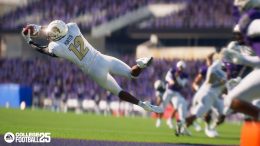 ea sports college football cover star Travis Hunter makes a diving catch with his back to the viewer