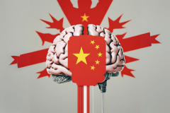 China pushes to compete with Neuralink with new brain tech committee. Red flag of China with yellow stars as brain implant.