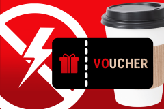 CrowdStrike’s $10 peace offering brews more trouble than it's worth. The image features a bold red background with a stylized white lightning bolt. In the foreground, there's a takeaway coffee cup on the right side and a black gift card labeled "VOUCHER" with a red gift box icon. The composition symbolizes a corporate apology involving a small compensation.