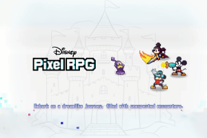 Disney Pixel RPG unites classic characters in 8-bit adventure. This image depicts a promotional graphic for the game "Disney Pixel RPG." It features pixelated versions of classic Disney characters against a faint, white background of a dreamlike castle. Mickey Mouse, wearing a wizard's hat, is at the center, casting a spell. To the left, a shadowy figure lurks, and to the right, Donald Duck, wearing a pilot's outfit, is seen waving, with a female character holding a sword behind him. The game's logo is displayed prominently at the top, and the text "Embark on a dreamlike journey, filled with unexpected encounters." is positioned at the bottom. The overall design evokes a nostalgic 8-bit video game aesthetic.