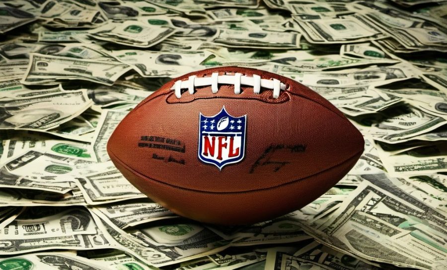 An NFL ball on a field of dollars