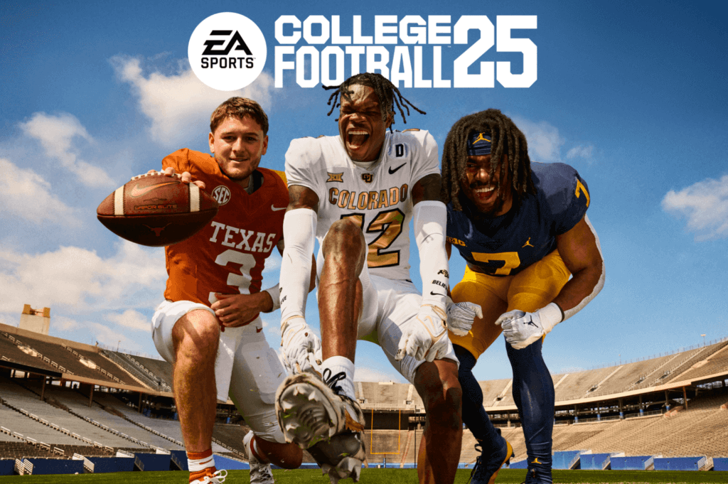 Quinn Evers, Travis Hunter, and Donovan Edwards, in uniform, looking excited to play on the cover of College Football 25