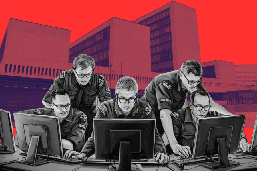 Europol shuts down almost 600 addresses in Cobalt Strike cybercrime crackdown. This image depicts a stylized illustration of five male officers wearing military-style uniforms, intensely working on computers. They appear to be part of a cybercrime task force, as indicated by the insignia on their uniforms. The background features the Europol building, identifiable by its distinctive architecture, all set against a striking red background which emphasizes the urgency and importance of their work. This is an artistic representation of law enforcement personnel engaged in a cybersecurity operation.