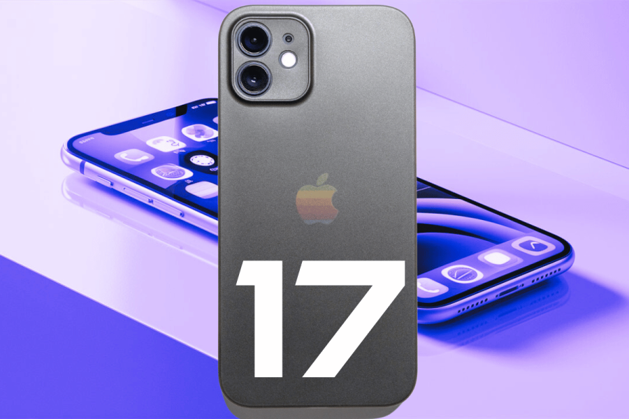 Everything we know so far about the iPhone 17 including price, release date, and features. The image shows a sleek iPhone with a dual-camera system and a metallic finish. The Apple logo is prominently displayed in the center of the back. Overlaid on the image is a large white number "17". In the background, a second iPhone can be seen, featuring a colorful, modern interface with various app icons. The overall color scheme is a gradient of blue and purple hues, giving the image a futuristic feel.
