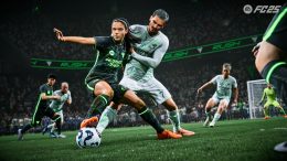 a woman and a man soccer player set and jostle for position on the ball in a scene from EA Sports FC 25