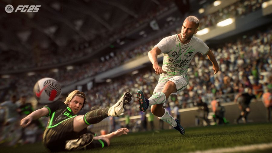 two soccer players contest the ball, one driving his left leg for a shot on goal, the other making a slide tackle with his right foot, in EA Sports FC 25