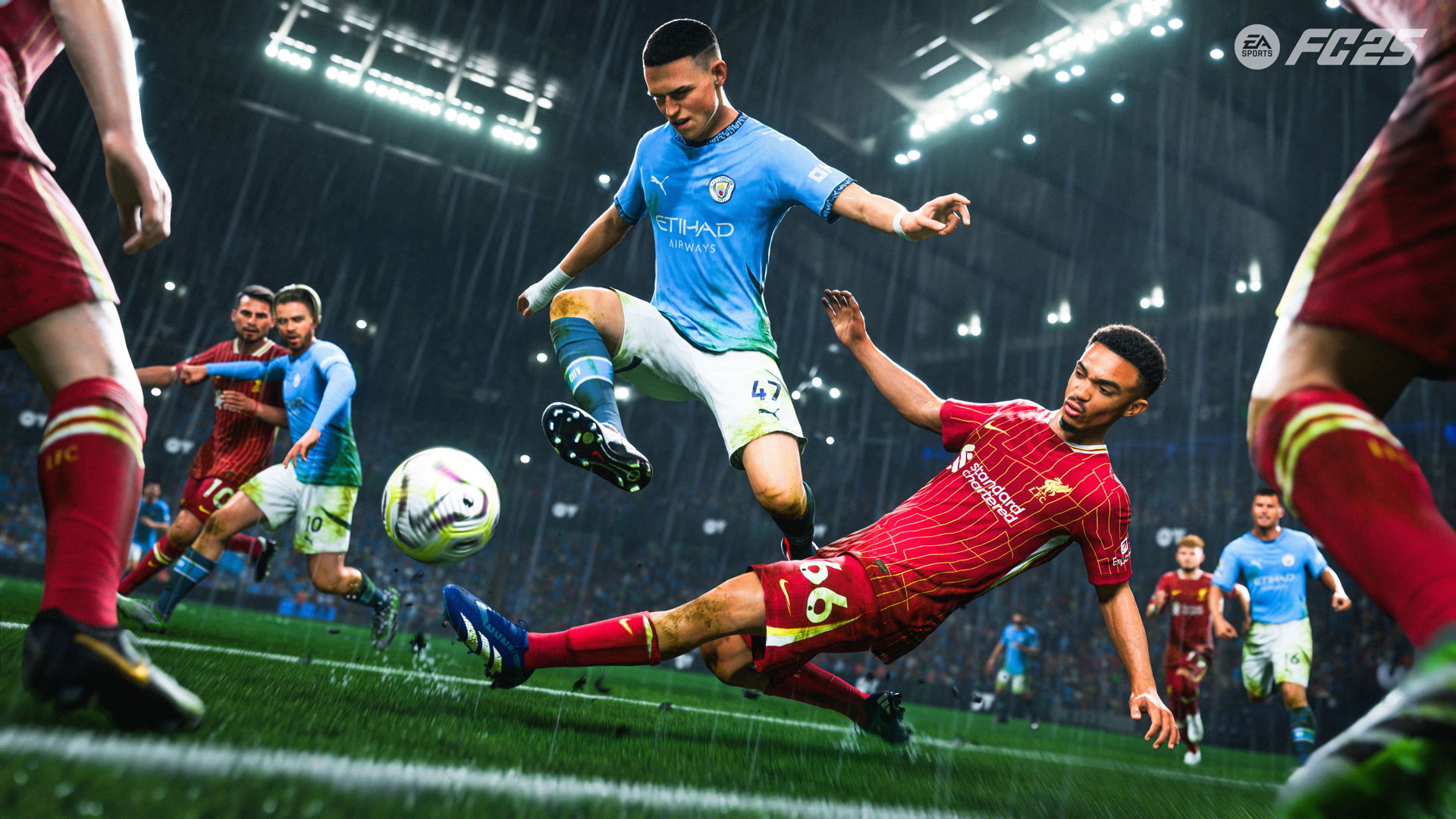 A soccer player leaps over a sliding tackle to the ball, with the goalie in the foreground, in a scene captured from EA Sports FC 25