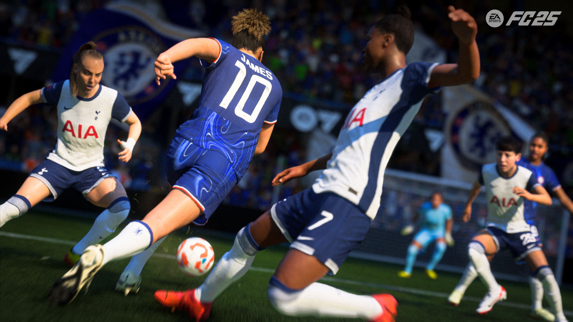 a soccer player with his back to the viewer drives past an attempted tackle in EA Sports FC 25