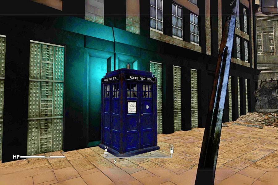 Fallout: London mod to feature Doctor Who Easter eggs. A screenshot from the game "Fallout: London" showing a player's first-person view. The player holds a machete, and in the foreground stands a TARDIS-like police box, labeled "POLICE PUBLIC CALL BOX." The setting is an urban street with weathered buildings and atmospheric blue lighting. The game's health and stamina bars are visible at the bottom left corner.