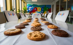 A cinematic shot of a variety of delicious cookies arranged on a pristine white tablecloth in a Google office break room. The cookies are of different shapes, sizes, and flavors, each one more enticing than the last. In the background, there are Google branded chairs and a colorful mural that adds a playful touch to the scene. The room is filled with light from large windows, creating a warm and inviting atmosphere., cinematic