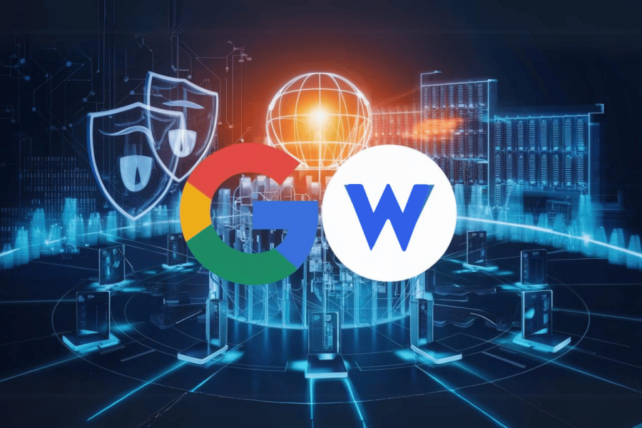 Google reportedly plans biggest acquisition of cybersecurity firm Wiz. The image displays a digital network-themed background with futuristic elements and cybersecurity icons. In the foreground, the logos of Google and Wiz are prominently featured, symbolizing a significant partnership or acquisition between these two entities in the cybersecurity sector. The visual emphasizes the integration of advanced technology and security solutions within the cloud computing environment.