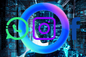 How to use Meta AI in WhatsApp, Instagram, and Facebook. The image depicts a vibrant digital collage representing Meta AI's integration across various platforms. Centered are the recognizable logos of WhatsApp, Instagram, and Facebook, surrounded by a swirling neon-colored loop, set against a backdrop of a futuristic cityscape filled with digital data and circuit-like imagery. This visual suggests the interconnectedness and advanced technological framework supporting Meta AI across these social media platforms.
