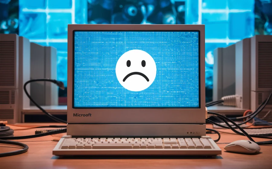 A Microsoft computer displaying a classic blue screen error with a sad face emoticon in the center. The screen is filled with a bright blue color, and the sad face emoticon is rendered in white. The background showcases a retro computer room with outdated hardware and cables. The atmosphere is a nostalgic blend of technology and emotions.