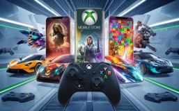 A dynamic and vibrant image of the Xbox Mobile Store, showcasing an array of colorful and popular mobile games. The background features a sleek, modern interface with gaming controllers and smartphones. The featured games include a futuristic racing game, a mysterious adventure, a colorful puzzle game, and a strategic battle game. The overall ambiance portrays excitement and fun, inviting mobile gamers to explore the variety of games available.