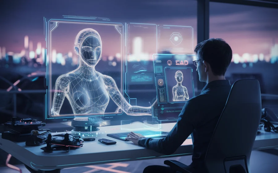 A futuristic scene where a tech-savvy creator is seated at a sleek, modern desk, using a sophisticated holographic interface to create an AI avatar that mirrors their likeness. The AI entity is shown in the interface as a 3D hologram, with glowing outlines and a digital aura. The creator's real-world desk is cluttered with high-tech gadgets and gizmos, while the backdrop reveals a futuristic cityscape with a dazzling neon skyline.