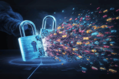 'Largest password leak ever' exposes 10 billion passwords. This image depicts a dramatic digital representation of a cybersecurity breach, where two padlocks, one intact and one shattering, are shown against a dark background. The shattering padlock is emitting an explosive burst of colorful digital elements, symbolizing the release of a massive amount of data. This visualization powerfully illustrates the concept of a significant data breach, such as the leakage of numerous passwords.