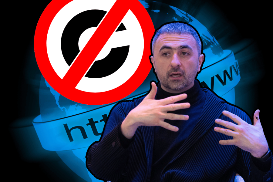 Microsoft AI CEO claims internet content is 'freeware' for AI training use. The image shows a Microsoft AI CEO Mustafa Suleyman in a black turtleneck, emphatically gesturing with his hands, set against a digital background featuring the globe with "WWW" text and a large prohibition sign. The setting appears to be conveying a message related to internet content and restrictions.
