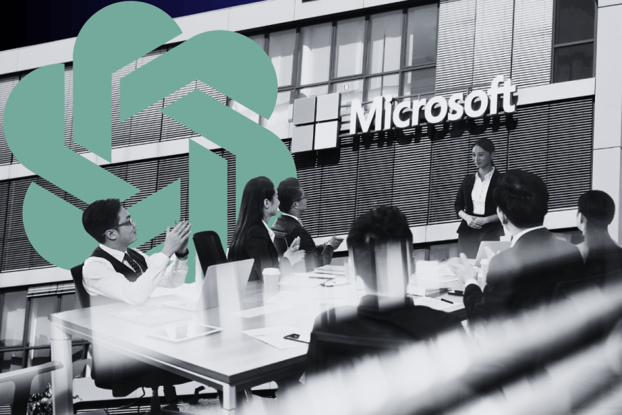 Microsoft gives up OpenAI board observer seat role. A black and white photo depicting a professional setting where a woman is standing in front of a Microsoft logo on a building, addressing a group of seated business people who are applauding. The photo is overlaid with a large, stylized green OpenAI logo.