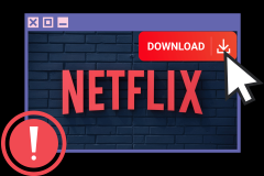 A graphic depicting a browser window with a brick wall background and the word "NETFLIX" in bold red letters. An error icon and a cursor clicking a red "DOWNLOAD" button emphasize the unavailability of the download feature in the new Netflix app for Windows. Netflix's new Windows 11 app leaves users disappointed over lack of download feature