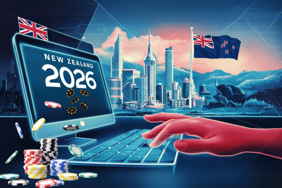 New Zealand plans online casino regulation for 2026. The image shows a futuristic cityscape with a New Zealand flag prominently displayed. In the foreground, there is a large screen displaying "New Zealand 2026" with various casino chips and coins around it, suggesting online gambling. A hand is seen typing on a keyboard, indicating online activity. The overall theme implies that New Zealand is planning to regulate online casinos by 2026.