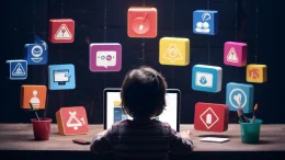 A thoughtful and informative depiction of online safety for children. A child is viewed from behind sitting at a laptop or tablet, with icons suspended in the air around them depicting subtle warning signs