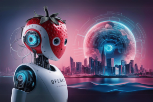 OpenAI's 'Strawberry' AI model aims for advanced reasoning. This image depicts a futuristic robot with a head shaped like a strawberry, standing against a vibrant cityscape with a glowing, holographic globe in the background. The robot, labeled with "OpenAI" on its torso, appears advanced and humanoid, emphasizing a blend of technology and whimsical design. The scene conveys a sense of high-tech innovation and artificial intelligence research.
