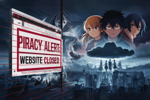 Pirate site Animeflix unexpectedly shuts down. The image depicts a dramatic digital poster illustrating the shutdown of the Animeflix website due to piracy concerns. In the foreground, a large billboard shows a "PIRACY ALERT: WEBSITE CLOSED" message over a browser window. In the background, there's a dynamic scene featuring characters from an anime, with dark clouds above them, overlooking a modern cityscape at night. The atmosphere conveys a sense of urgency and the consequences of piracy in the digital age.