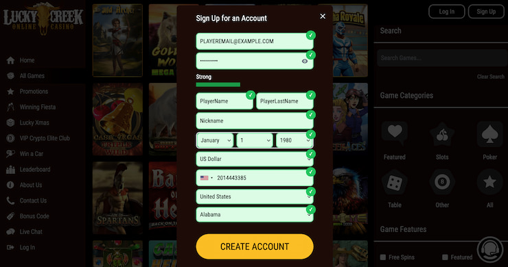 Create Your Lucky Creek Login Details