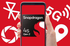 Qualcomm launches 'affordable and reliable' Snapdragon 4s Gen 2 chip. An image displaying a smartphone held by a hand against a red background. The phone screen shows the logo of the Snapdragon 4S Gen 2 chip. Surrounding the phone are symbols for various technologies such as Bluetooth and 5G, indicating the chip's compatibility with these features.