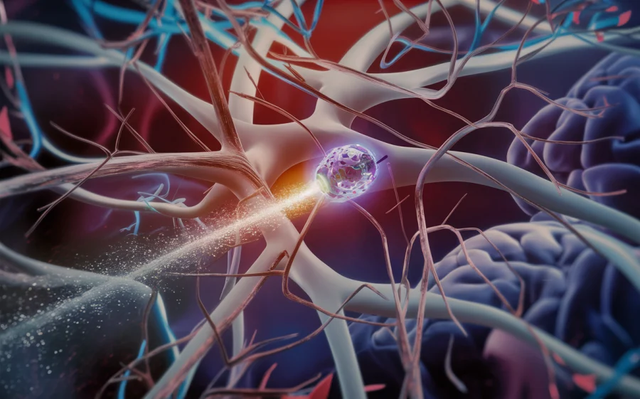 A futuristic concept art of a tiny, intricate nanobot navigating through the complex network of neural pathways in the human brain. The braim, as it is depicted, is a highly detailed and colorful representation of the brain's structure. The nanobot, with its glowing, multicolored exterior, appears to be performing a specialized task within the braim, leaving a trail of shimmering light behind it.