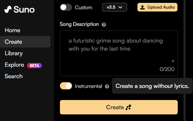 Kotak deskripsi lagu dengan tombol instrumental pada Suno AI